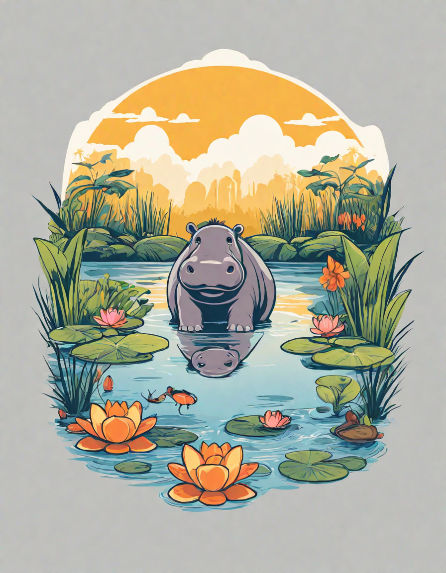coloring book page featuring a hippo in a zoo pond with dragonflies, turtles, and spectators in color