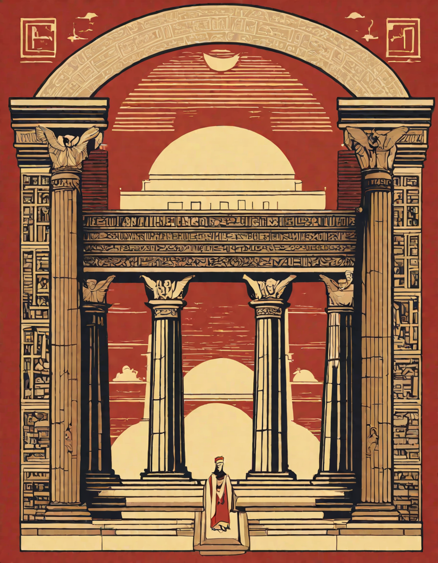 coloring page of the library of alexandria with scholars, scribes, and hieroglyphics-filled columns, capturing ancient world's vibrant scholarship in color