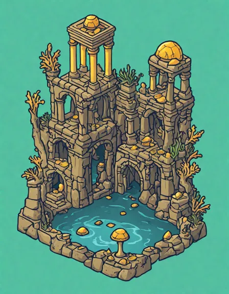 captivating coloring book page of an ancient city in ruins underwater with hidden treasures and marine life in color