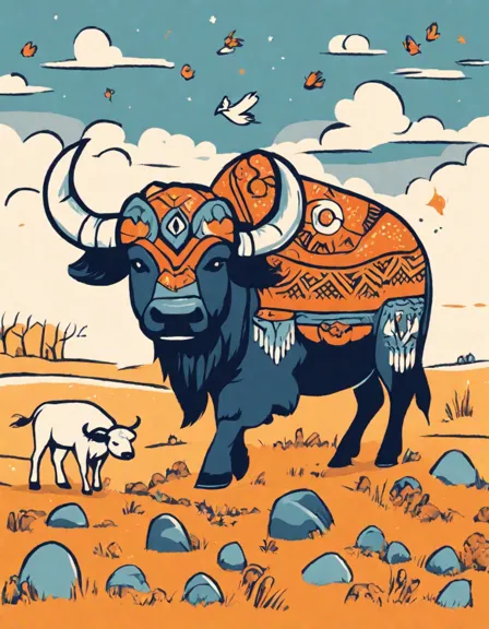 native american art coloring page featuring geometric patterns on buffalo roaming the great plains in color