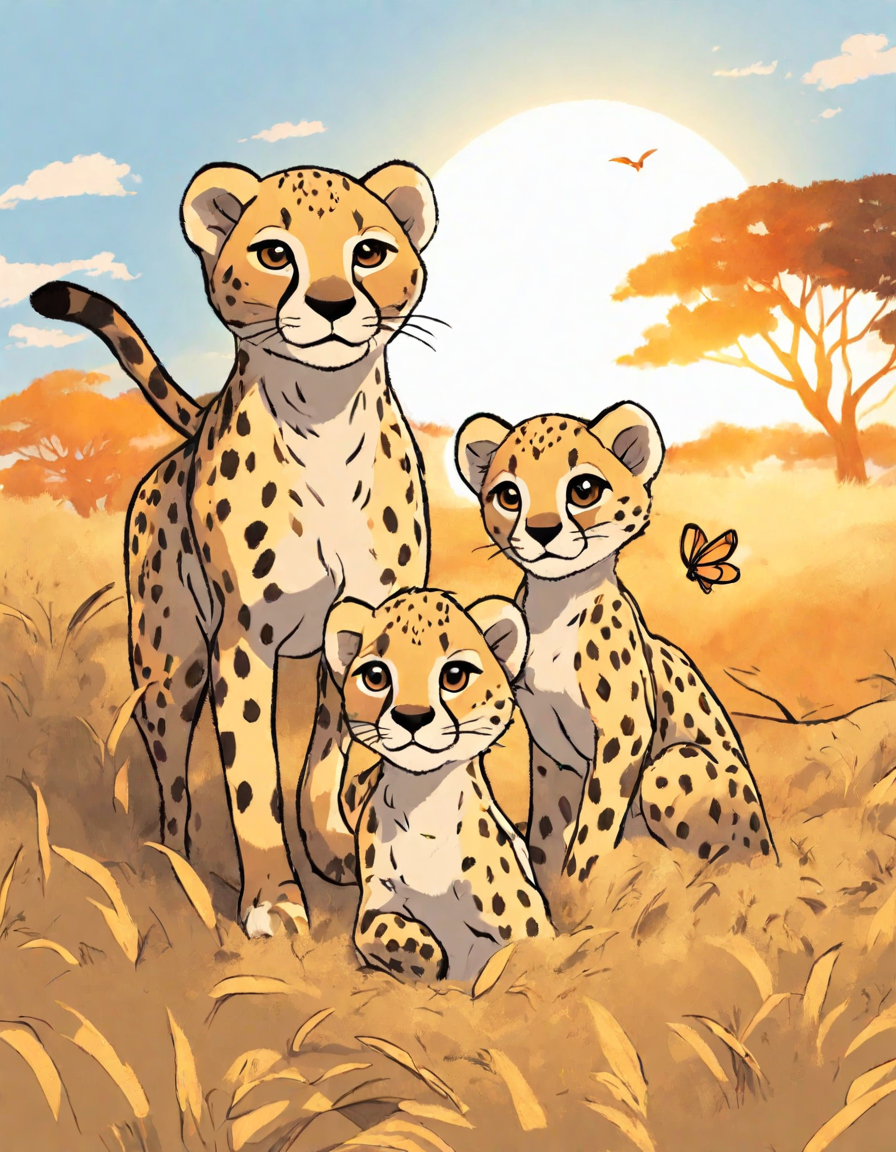 Coloring book image of cheetah family with cubs chasing a butterfly in african savanna at sunset in color
