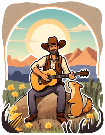 cowboy serenading under a sunset on the prairie with his horse nearby, in a coloring book scene in color