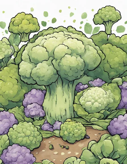 coloring page featuring detailed broccoli and cauliflower in a garden for educational fun in color