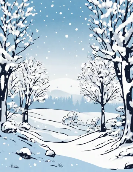 Coloring book image of snow-covered winter meadow with majestic trees adorned with intricate snowflakes, creating a tranquil scene inviting stillness in color