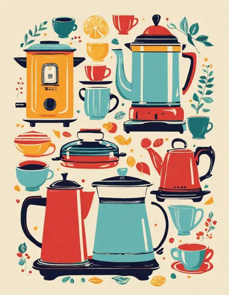 charming retro kitchenware coloring page evokes nostalgic charm with vintage toasters, coffee makers, and dishware in color