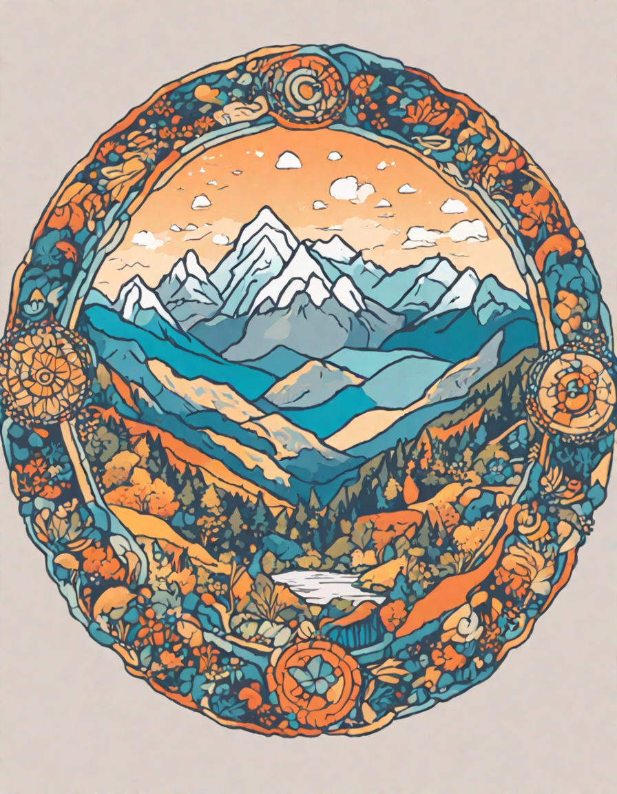 coloring book page featuring the majestic peaks mandala, inspired by mountain landscapes in color