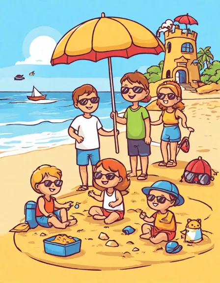 Coloring book image of family building sandcastle on sunny beach with colorful umbrellas and ocean waves in color
