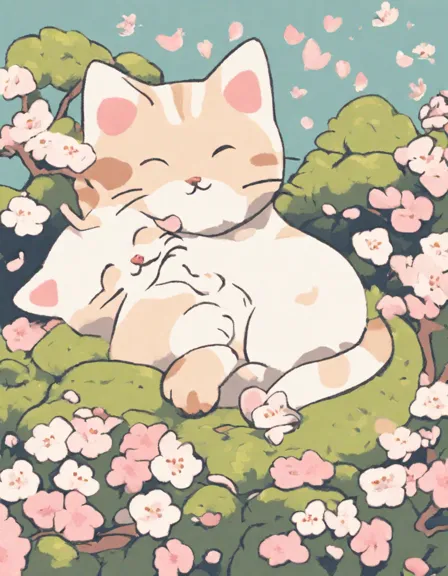 Coloring book image of cats sleeping under cherry blossoms in tranquil garden setting in color