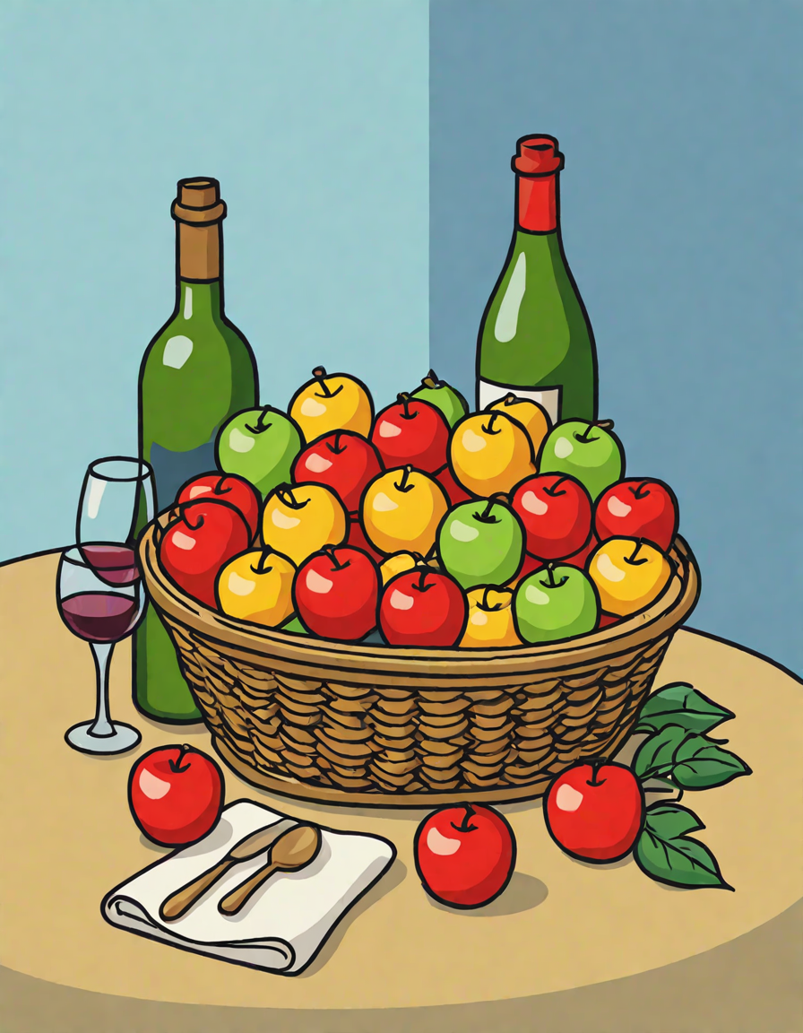 coloring book page inspired by cézanne's the basket of apples with a tilted table and fruit in color