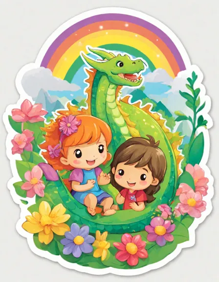 Coloring book image of children and dragons playing in a magical garden with rainbow slides and blooming mountains in the background in color