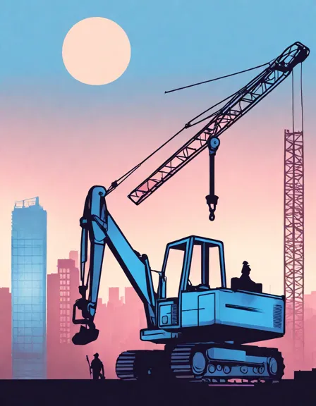 coloring book image of sunrise at construction site with bulldozer and crane in color