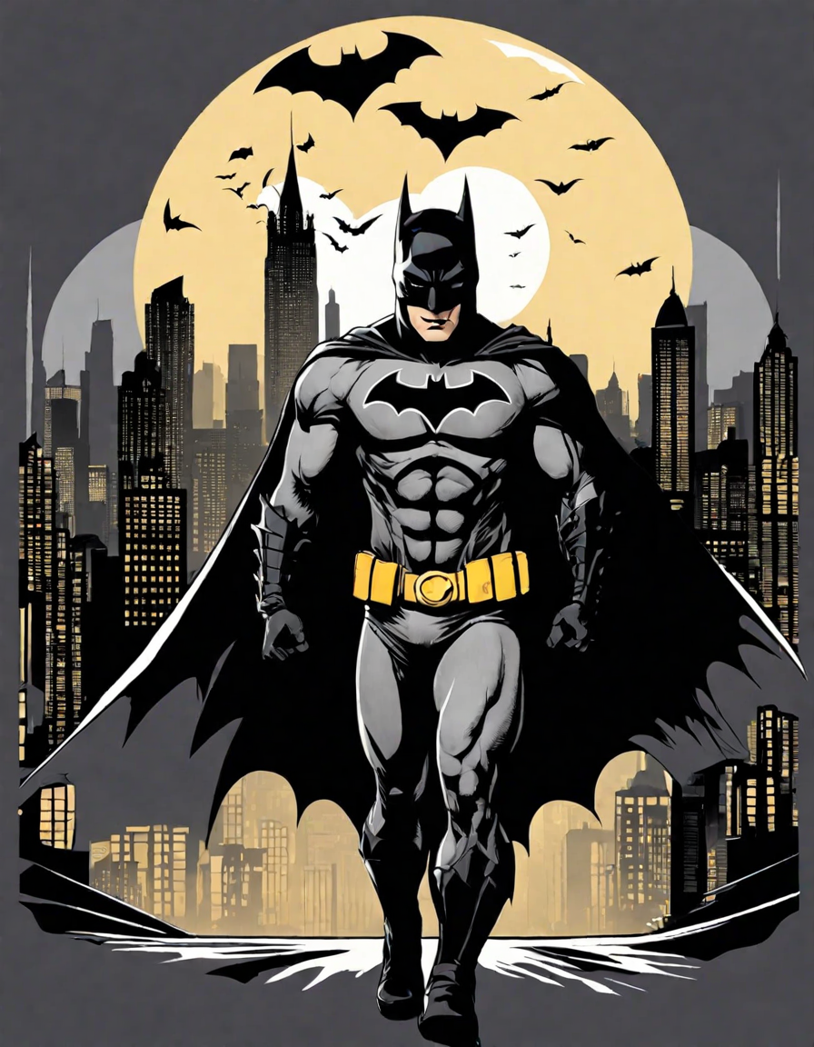 Coloring book image of batman'squin the image of an ai-generated bys on the gotham city skyline, and development with its, and with the, on, whitespace and, and and stone tile under the post post, inscription that will be lin markdown using in color