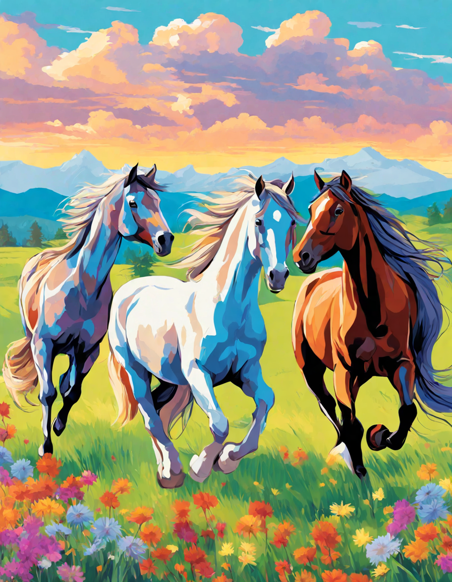 Coloring book image of majestic herd of horses galloping in a meadow under a bright sky, showcasing their diversity and family bonds in color