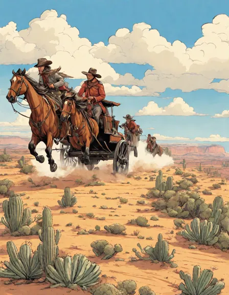 wild west themed coloring page featuring cowboys chasing a stagecoach across the plains in color