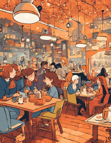 Coloring book image of cozy coffeehouse with a warm atmosphere, the aroma of freshly brewed coffee, and people chatting and playing chess in color