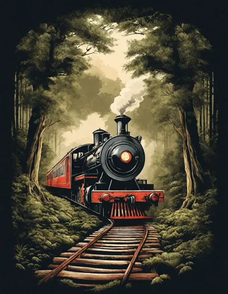 vintage train traveling through a dense forest in a coloring book scene in color