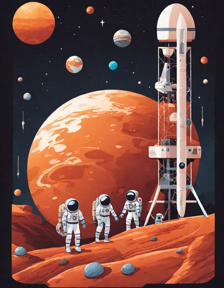 Coloring book image of space explorers building the first human colony on mars with domes, passages, and a landing spacecraft in color