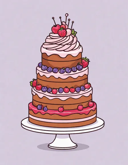 coloring page featuring a detailed multi-layer cake with decorating tools, sprinkles, and fruits in color