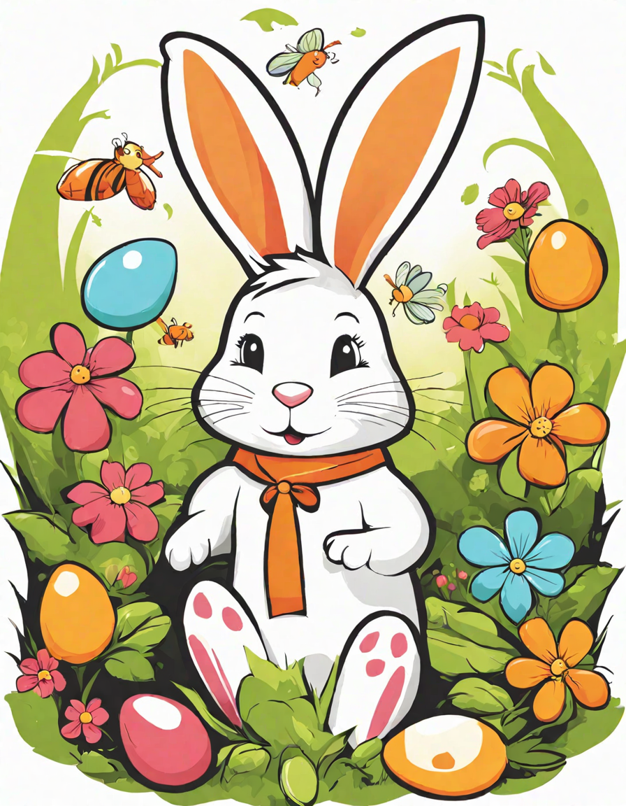 Coloring book image of easter bunny in a magical carrot patch with hidden easter eggs and smiling flowers in color