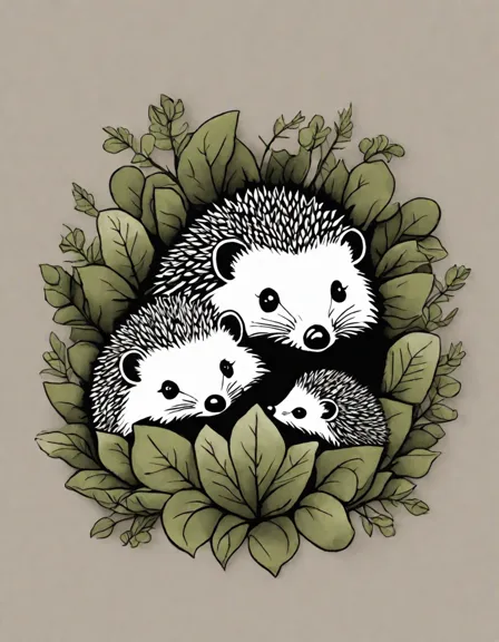 Coloring book image of cozy hedgehogs nestled in a lush hedge, their tiny curled bodies creating a heartwarming scene of garden tranquility in color