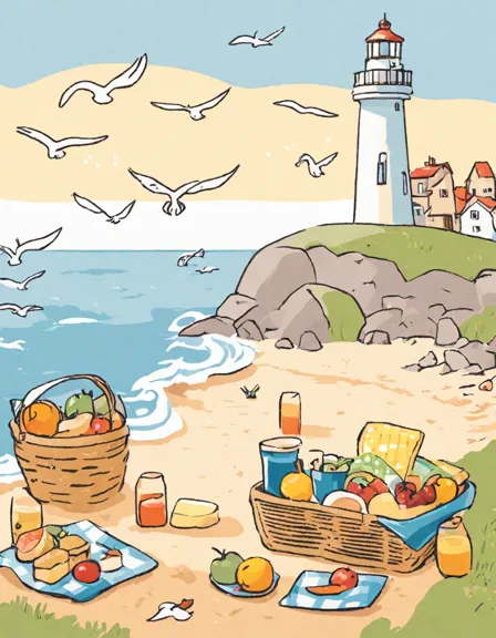 coloring book page of picnic on beach with fruit basket, lemonade, and lighthouse in color