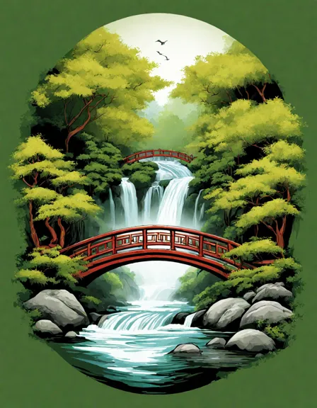 intricate stone bridge over tranquil stream in serene japanese garden coloring page in color