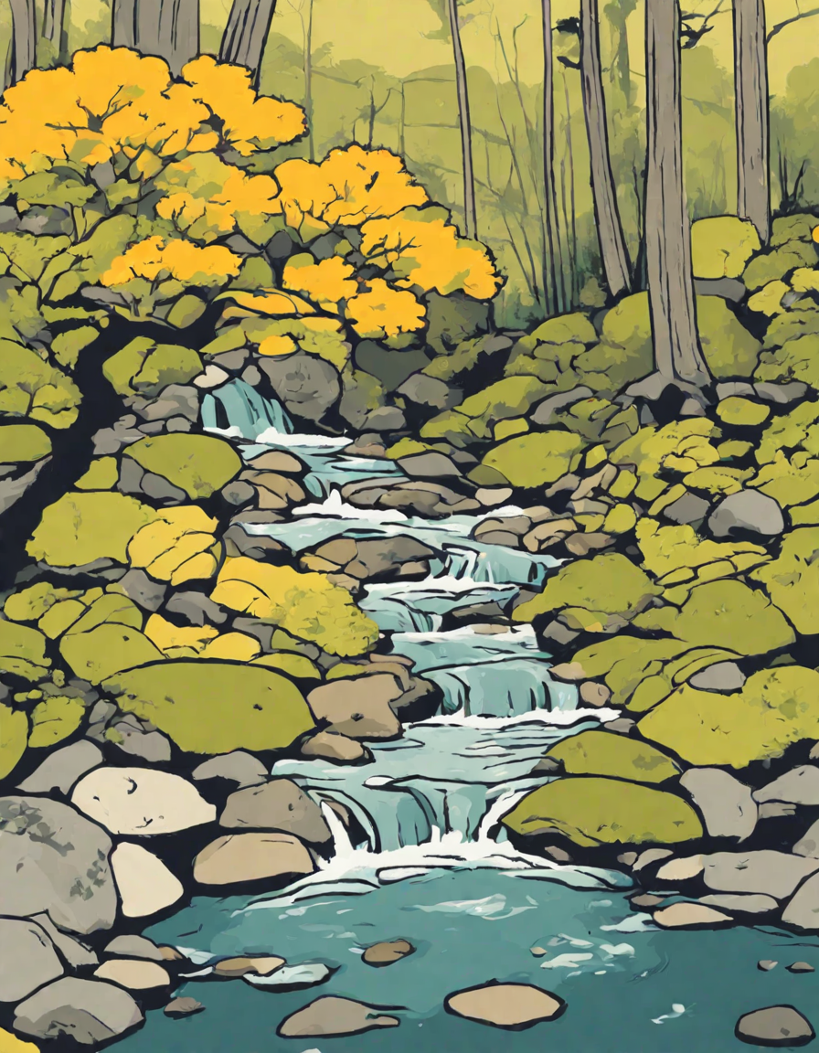 meandering stream in nature with rocks, moss, and tree branches coloring book page in color