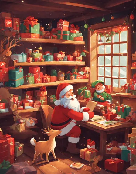 Coloring book image of santa's workshop bustling with elves preparing toys, overseen by a smiling santa, amidst a snowy north pole scene in color
