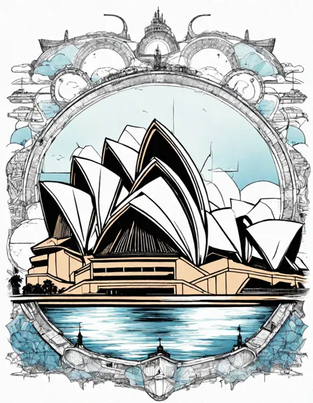 sydney opera house coloring page featuring its iconic sail-like roof and stunning harbor views in color