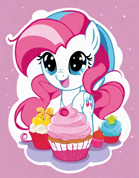 pinkie pie surrounded by delightful treats on a coloring page with cupcakes, candy canes, and more in color