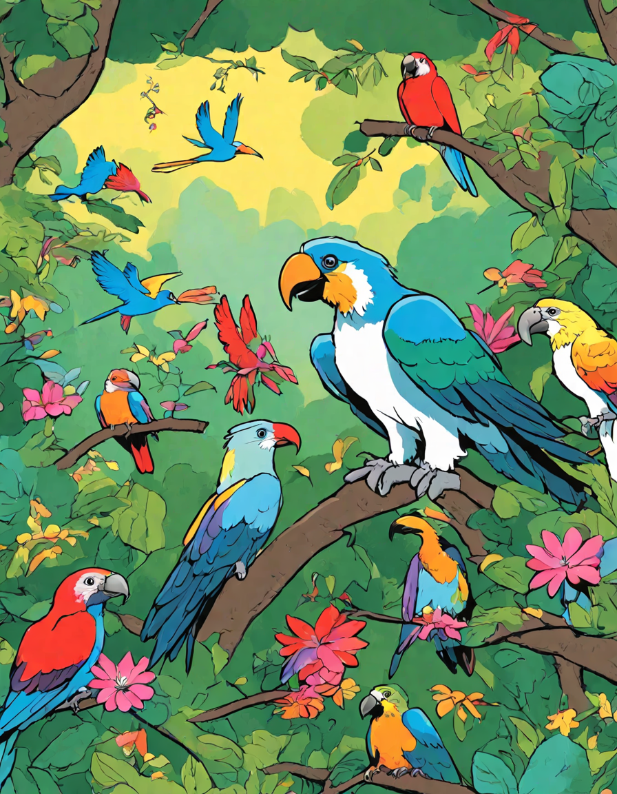 Coloring book image of children on a colorful jungle safari adventure observing vibrant birds among lush foliage in color