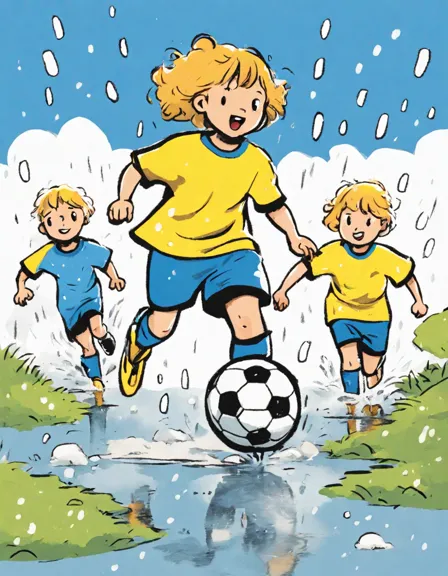 Coloring book image of young soccer players displaying determination in a rainy, muddy match under a stormy sky in color