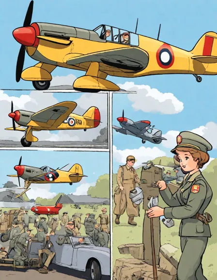 world war ii airplanes coloring page with spitfire and mustang over airbase in color