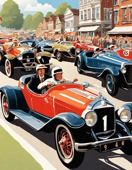 coloring book page of a vintage race parade with classic cars and cheering spectators in color