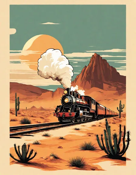 coloring page of steam locomotive on desert tracks with cacti, animals, and ruins in color