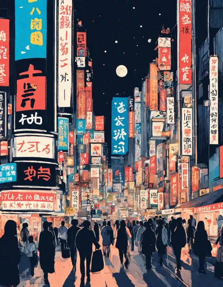 Coloring book image of night view of tokyo streets with neon lights, people at shibuya crossing, and traditional izakayas in color
