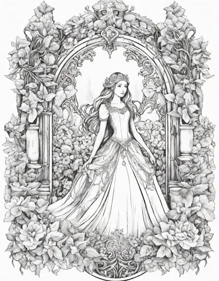 coloring page of a princess's chamber in a fairy tale castle with enchanted mirrors and flowers in color