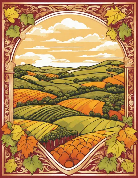 Coloring book image of serene vineyard scene with rolling hills, vines, and sunset glow in color