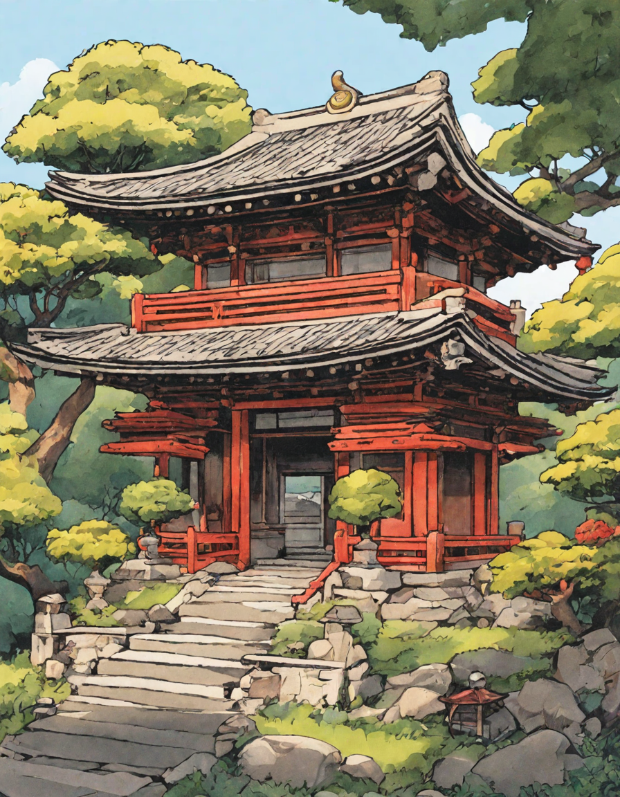 antique japanese temple surrounded by greenery and stone lanterns in a serene garden coloring page in color