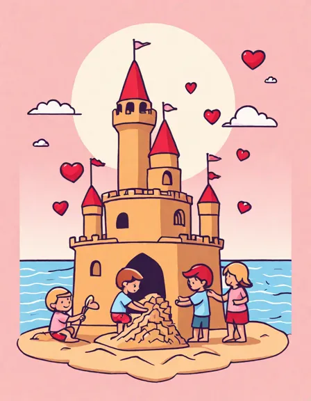 children building a heart-shaped sand castle on a beach in a valentine's day coloring book page in color