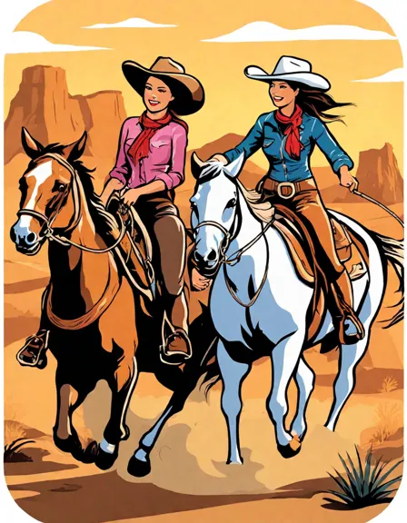 Coloring book image of trio of cowgirls showcasing barrel racing, lasso twirling, and sharpshooting at a sunlit rodeo in color