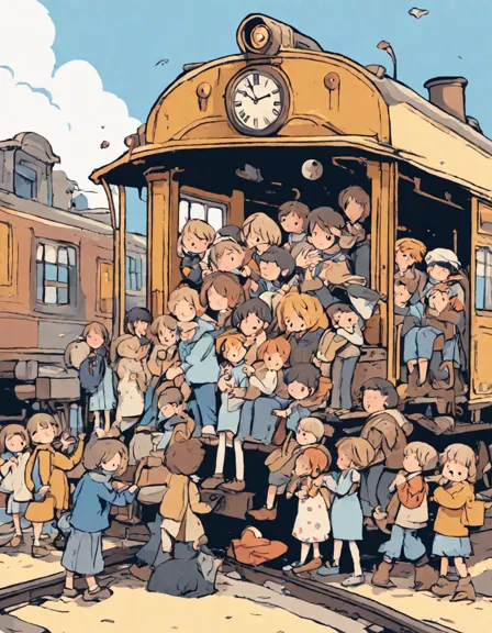Coloring book image of emotional farewells at old train station with steam locomotive under grand clock in color