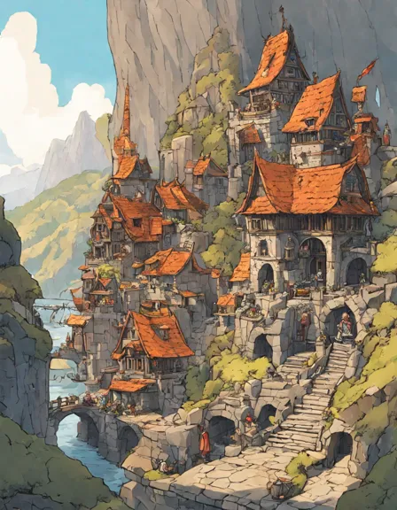 captivating coloring book page featuring a hidden mountain city of dwarves illuminated by dappled sunlight in color