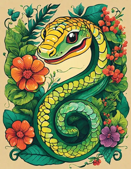 enthralling coloring page featuring a graceful snake, teaching the letter s amidst vibrant scales and patterns in color