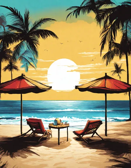 Coloring book image of tropical beach scene with coconut drinks on a wooden table, hammocks between palm trees, and azure waves in the background in color