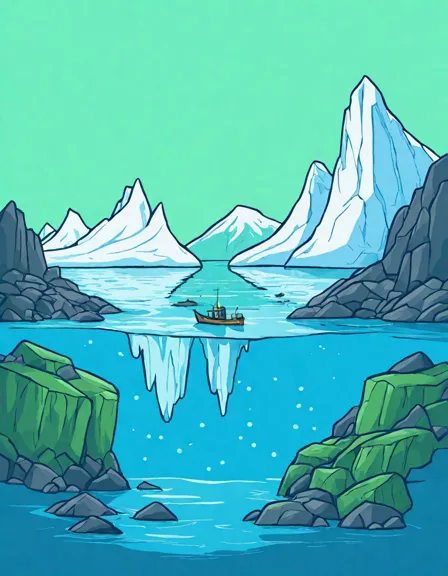 Coloring book image of arctic adventure in iceberg alley, colossal icebergs with unique hues dance on frigid waters in color