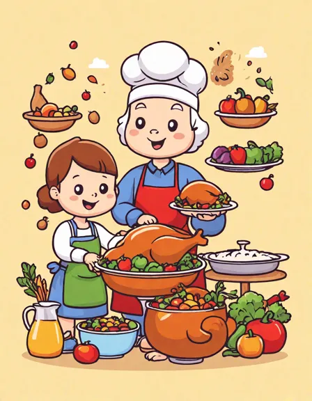 family preparing thanksgiving turkey in a colorful kitchen scene for a coloring book in color
