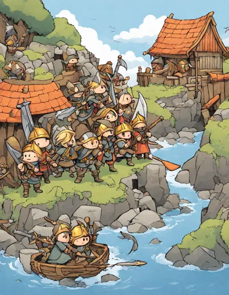 coloring page of vikings raiding a coastal village with longships and villagers defending in color