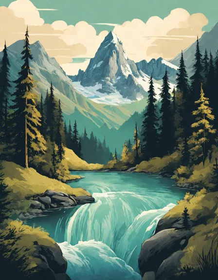 mystical mountain range coloring page with towering peaks, waterfalls, lakes, and lush slopes in color