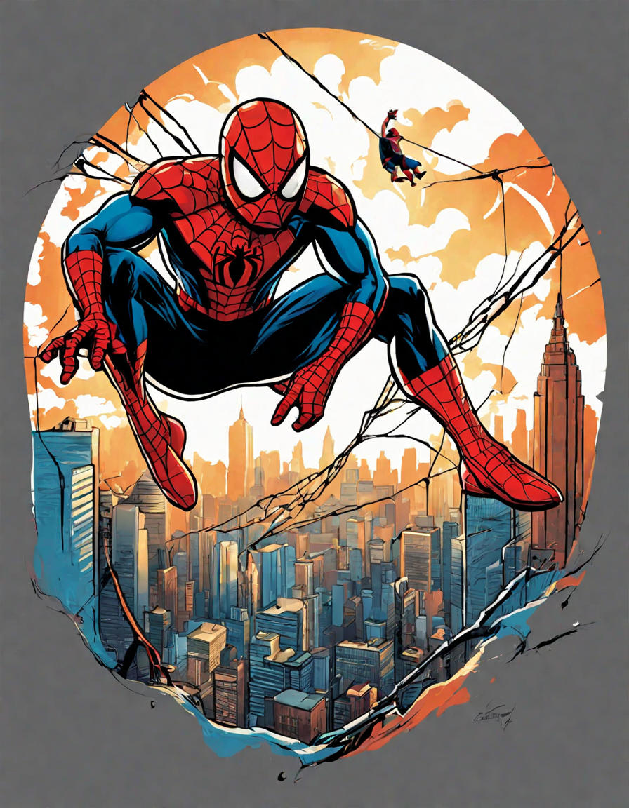 thrilling coloring page featuring spider-man swinging through the city, dodging a web trap set by his nemesis, with vibrant skyscrapers and intricate web patterns in color